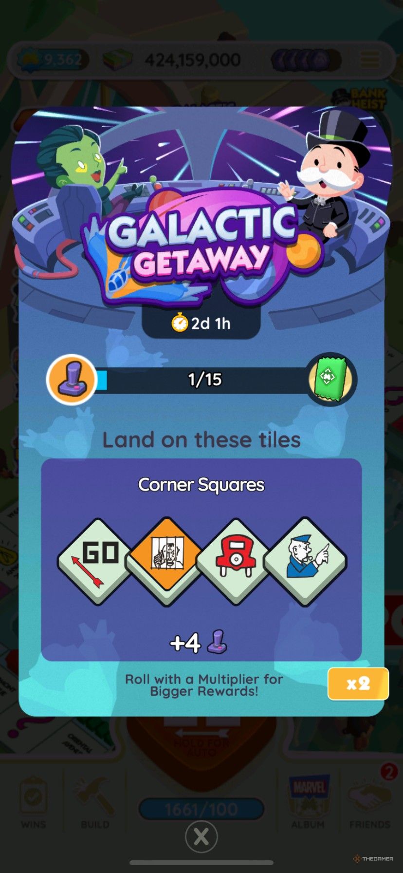 Start screen showing how to earn points in Galactic Getaway in Monopoly Go.