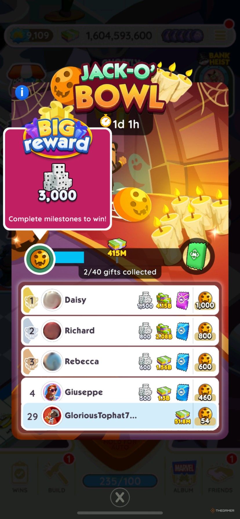 A leaderboard showing the top reward for the Jack-o Bowl tournament in Monopoly Go.