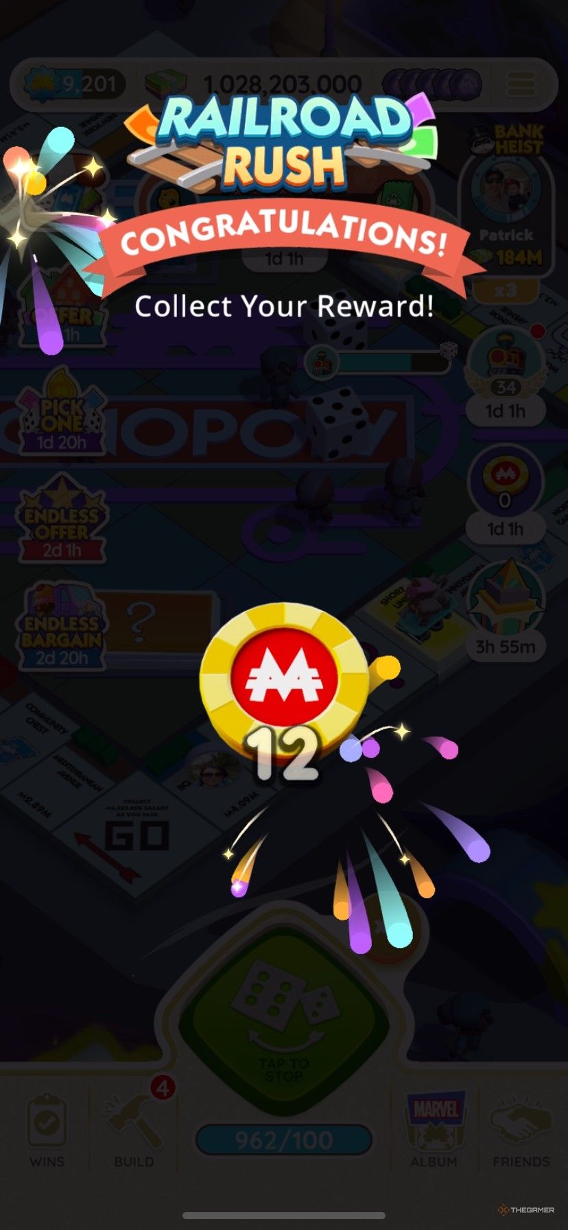 Getting 12 Peg-E tokens in Railroad Rush in Monopoly Go.