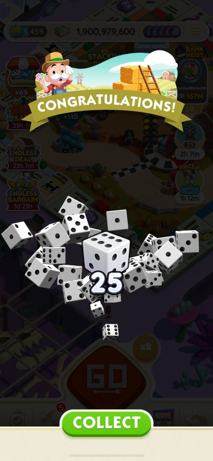 Earning 25 free dice rolls from Stacking Riches rewards in Monopoly Go.