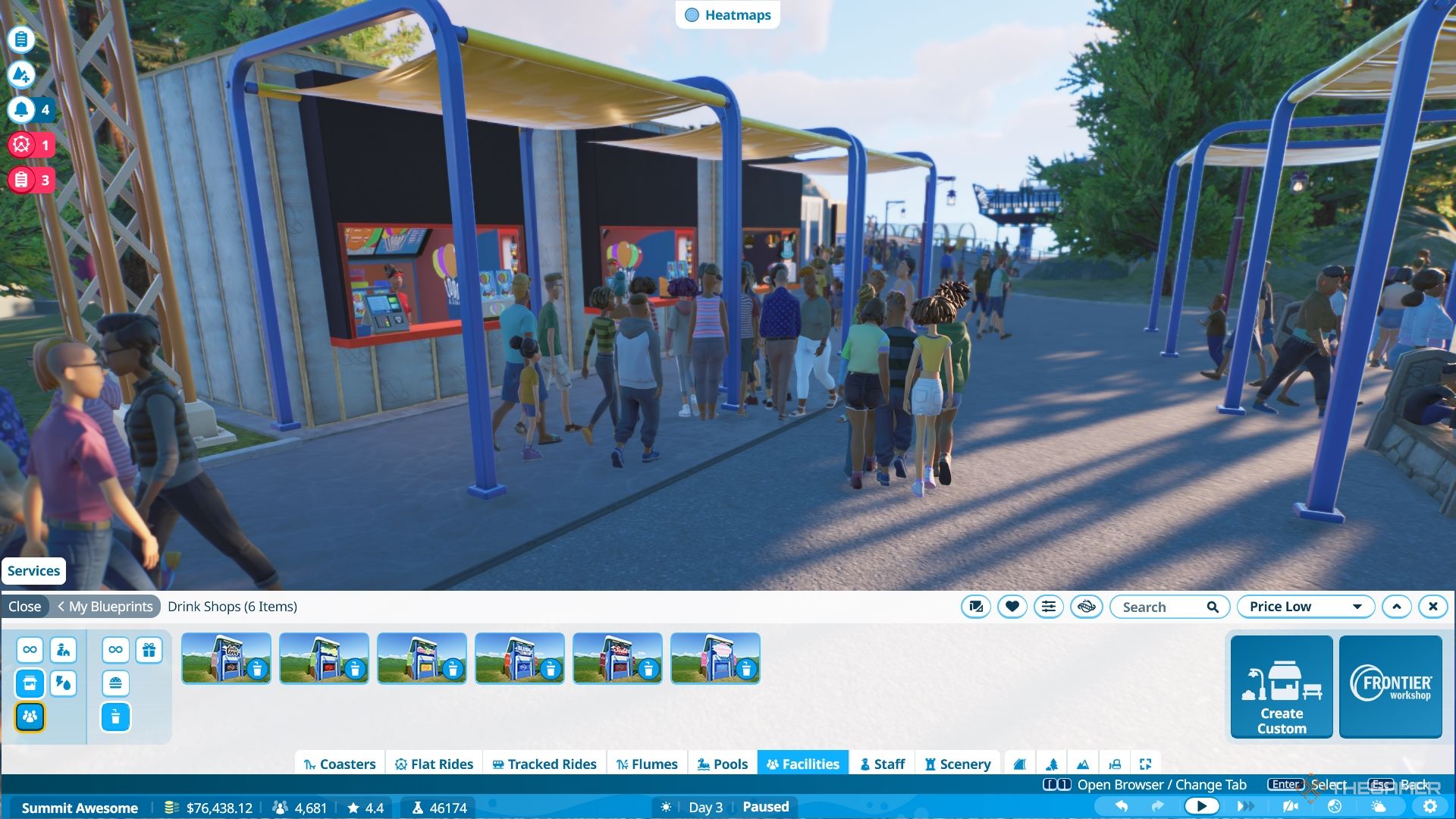 Shops lined up in a park with guests crowding the area.