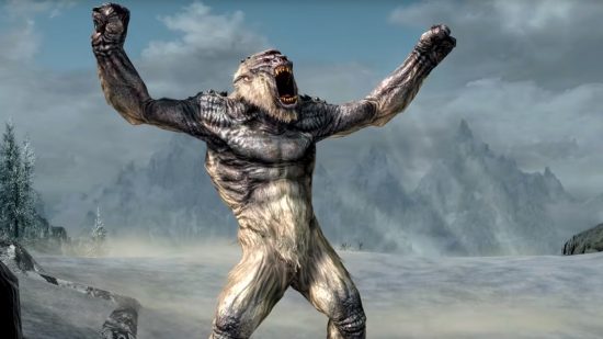 Skyrim console commands and cheats: A large three-eyed yeti roars, hands raised to the sky admist an icy landscape.