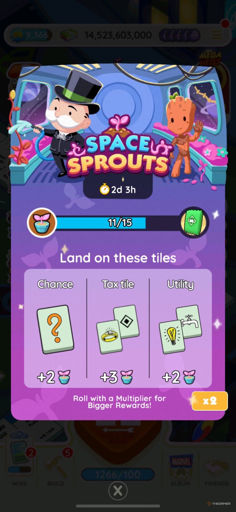 Start screen for how to earn points in Space Sprouts from Monopoly Go with Mr. Monopoly and Groot tending a garden together on a space ship.