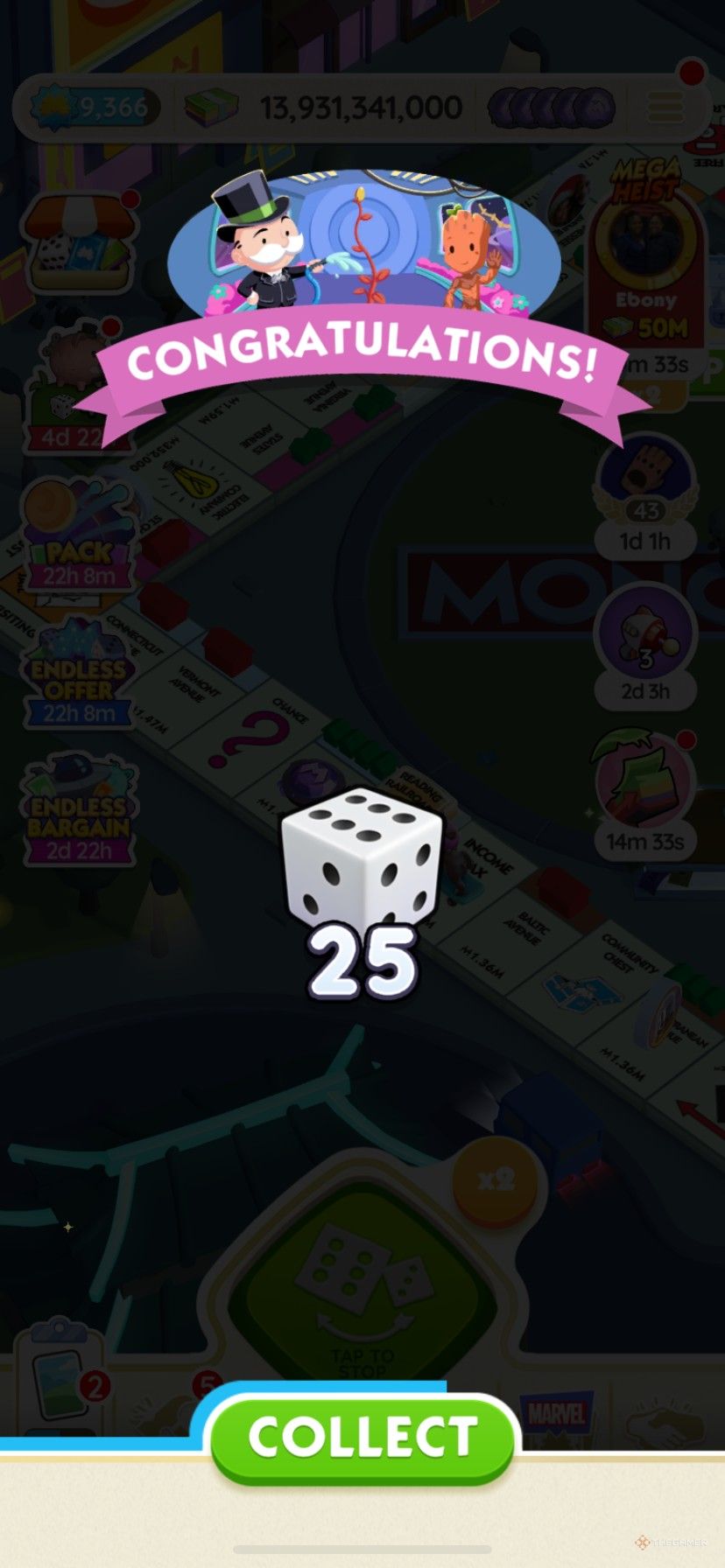 Earning 25 free dice rolls from Space Sprouts in Monopoly Go.