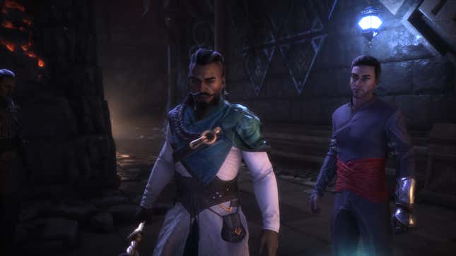 Dorian and the Inquisitor stand in a dark hallway.