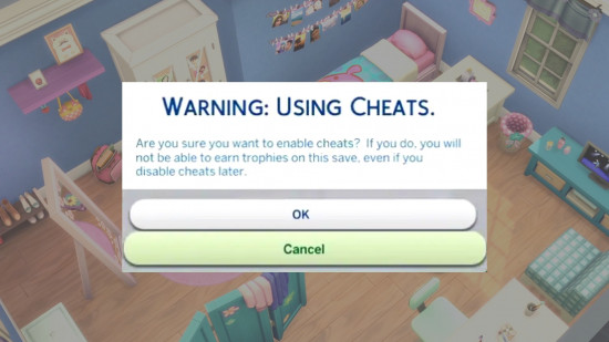 An in-game warning when enabling The Sims 4 cheats that reads: 