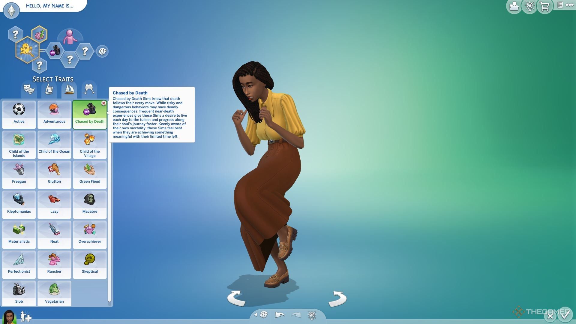 A female Sim cowering with the Chased By Death trait in The Sims 4 Life and Death.