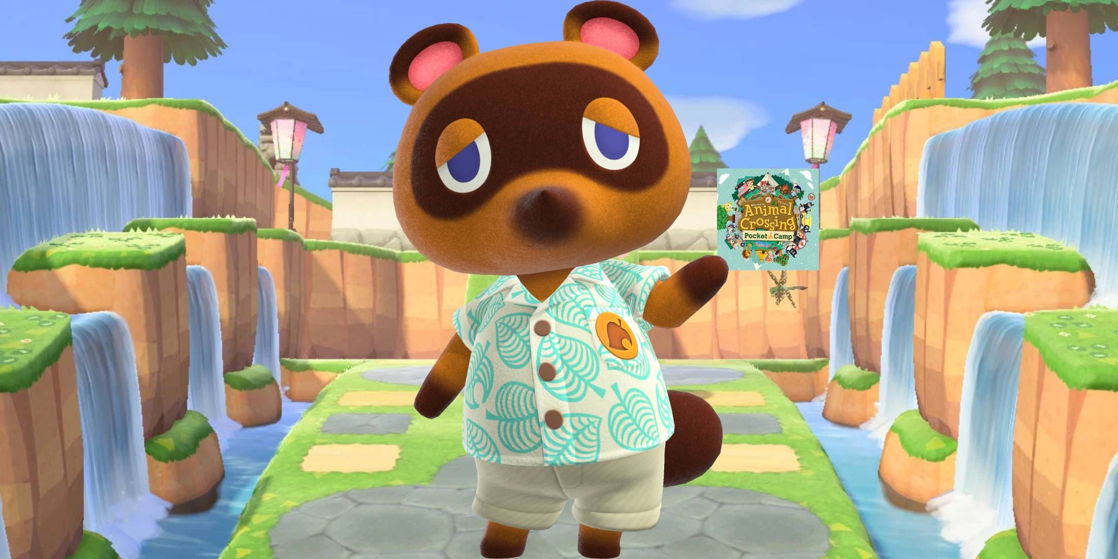 Tom Nook from Animal Crossing: New Horizons holding Animal Crossing: Pocket Camp