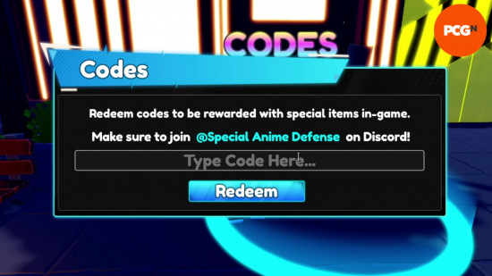 The menu to redeem Special Anime Defense codes