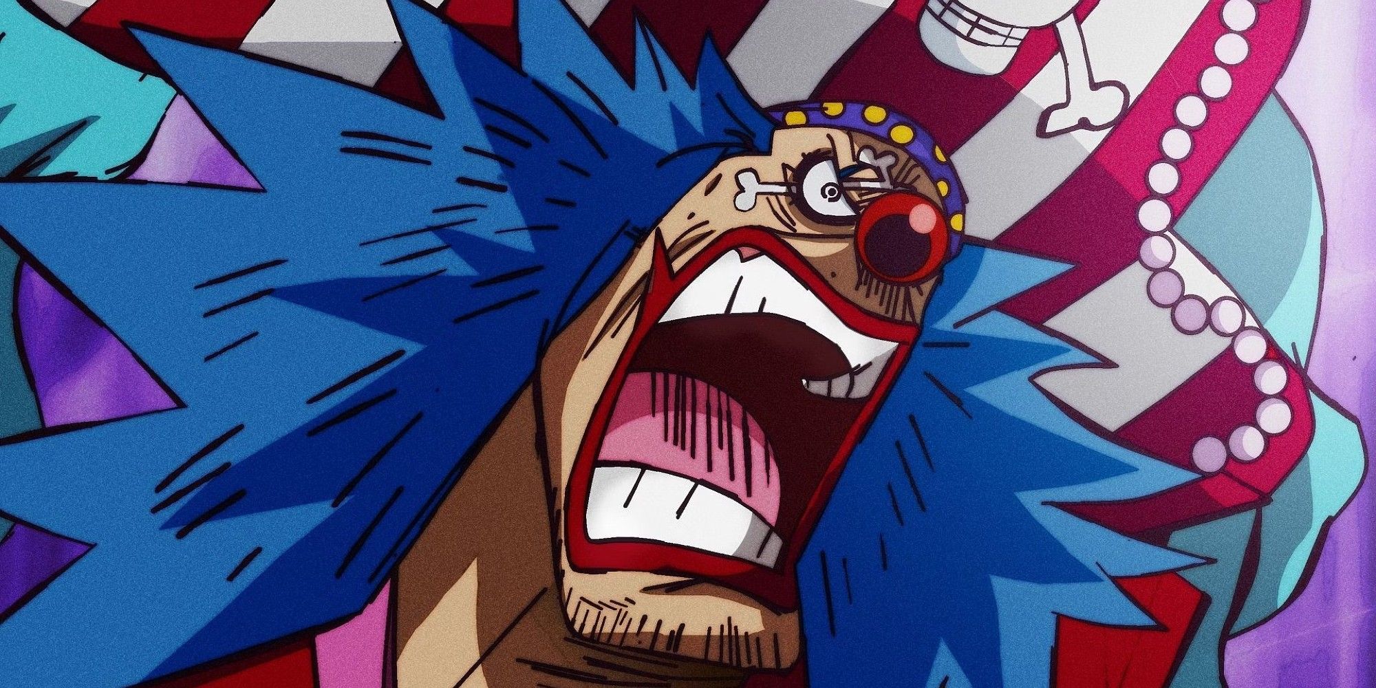 Buggy the clown, yelling in a manga panel from One Piece