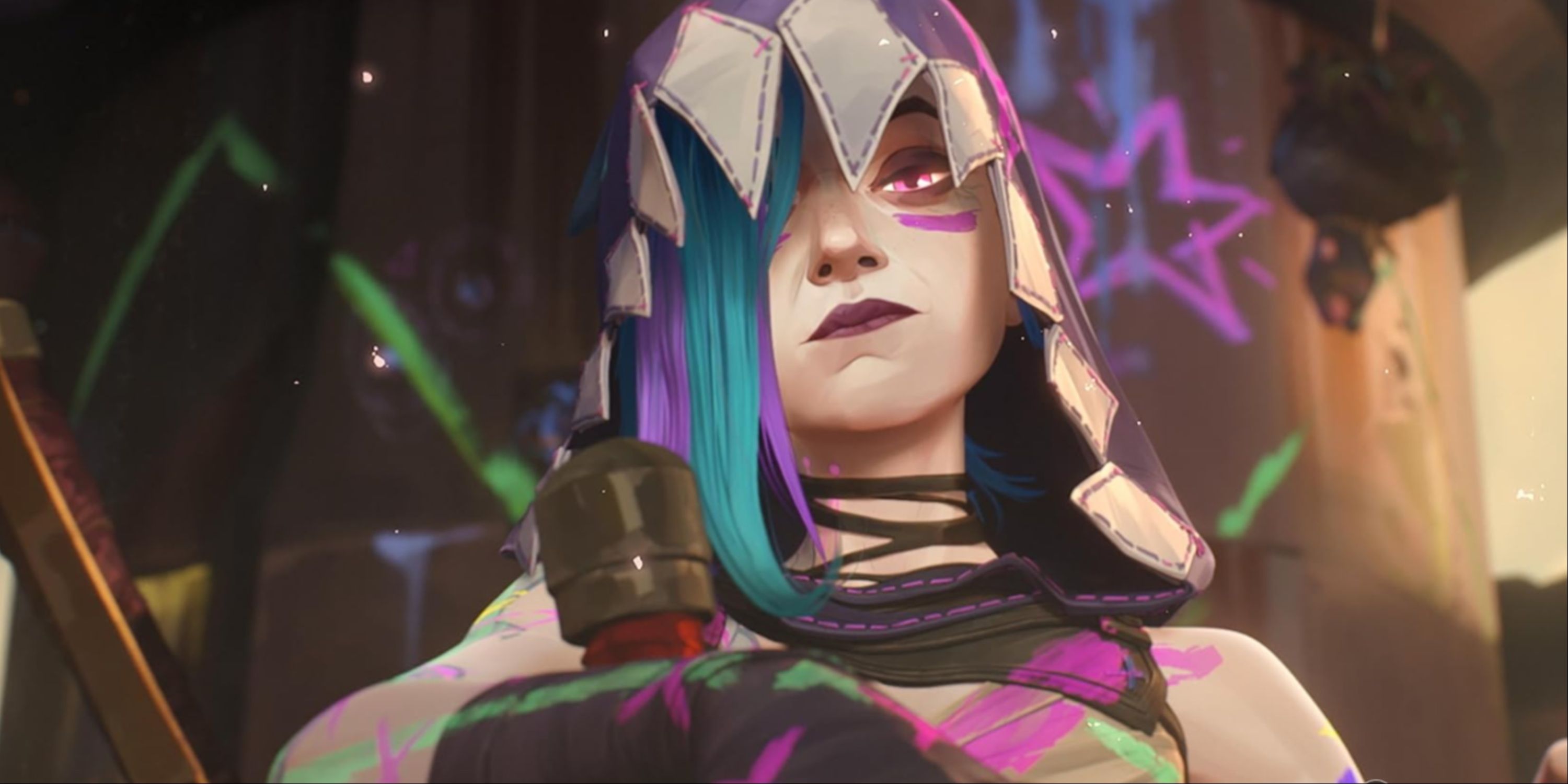 A close-up of the character Jinx in the Netflix series Arcane.