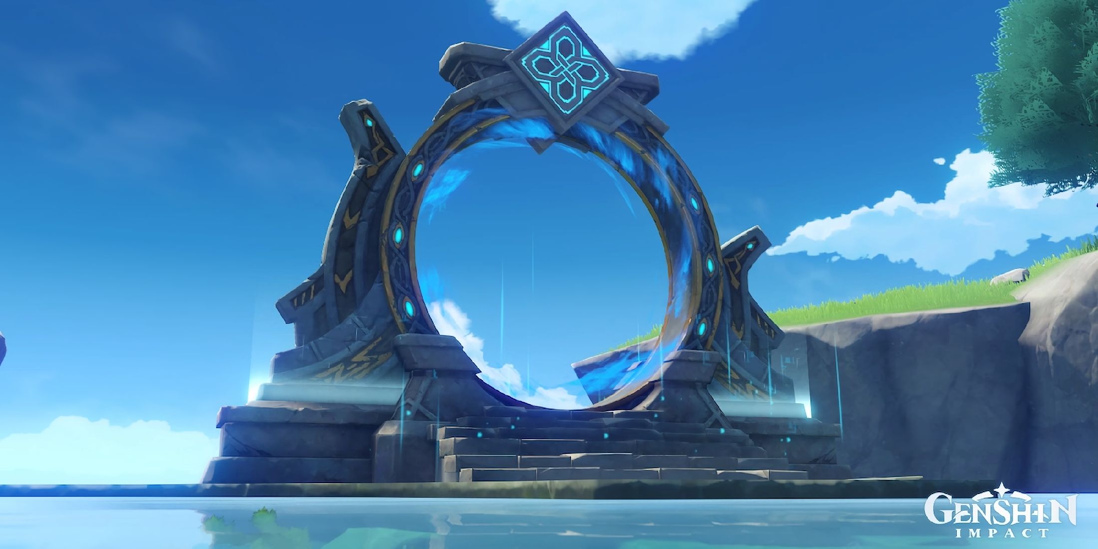 An angled screenshot from Genshin Impact showing the entrance to the Spiral Abyss.