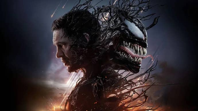 Tom Hardy as Eddie Brock in a poster for Venom, his head is facing away from Venom's head, Venom's tendrils woven around one another.