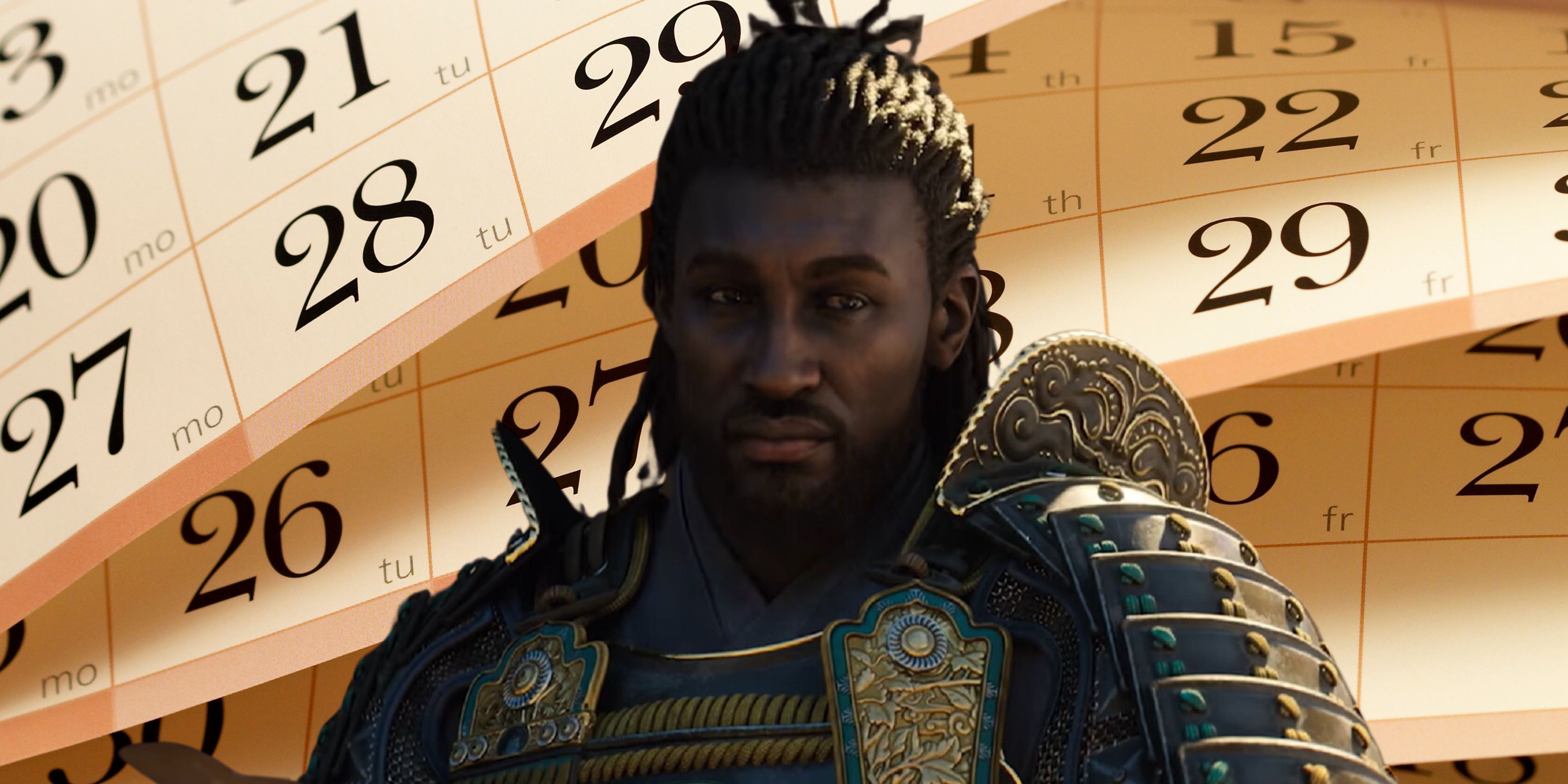 AC Shadows' Yasuke in front of a calendar