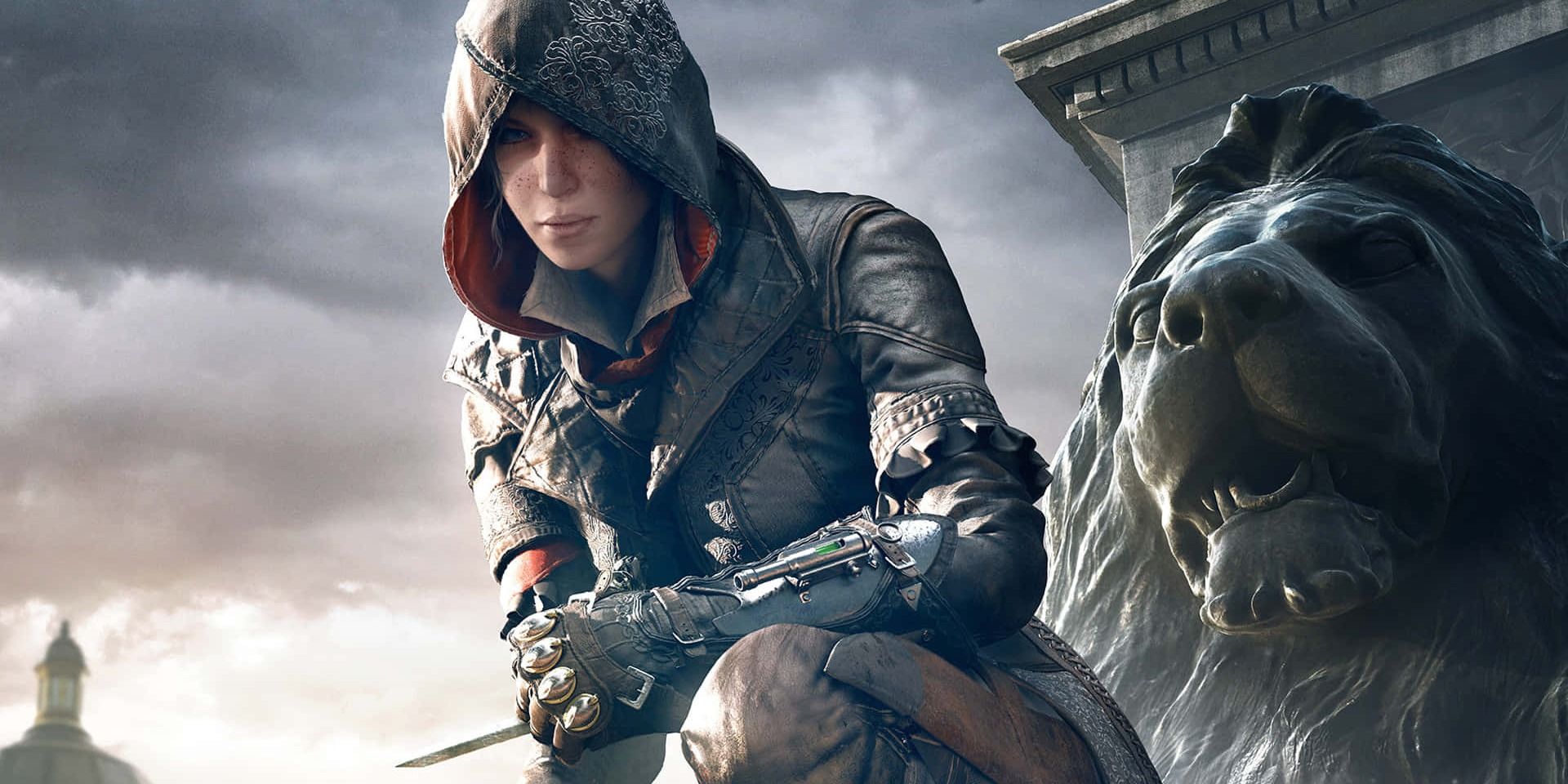 Assassin's Creed Syndicate's Evie Frye perched in front of a gargoyle.