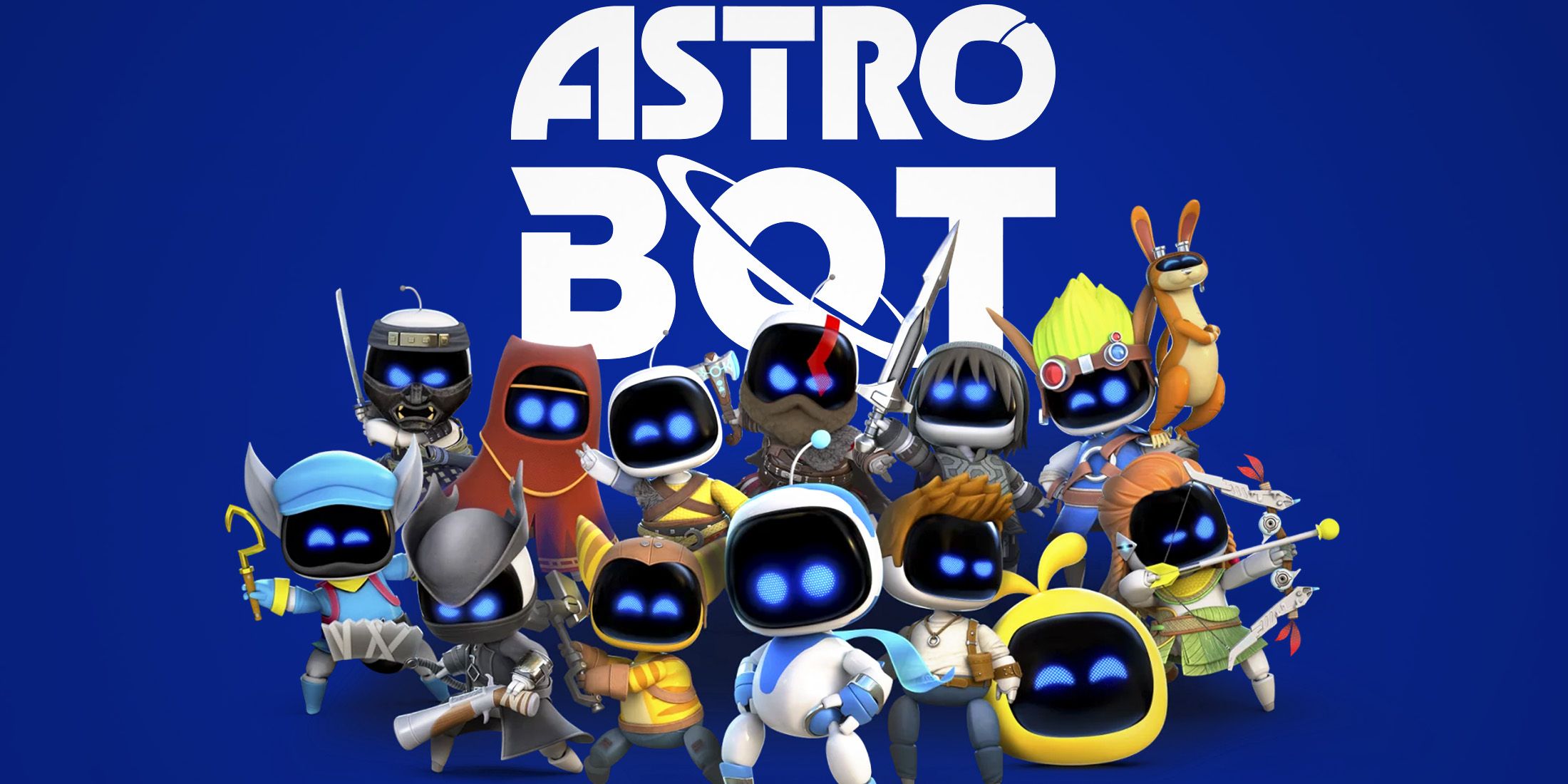 Astro Bot cast in front of game logo on dark blue background 2x1 composite