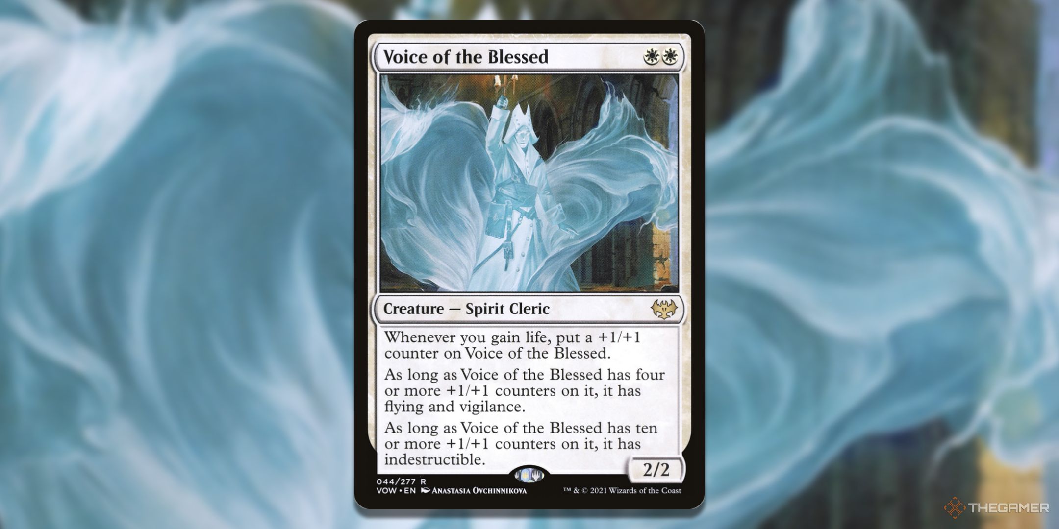 MTG Voice of the Blessed card with the art in the background.