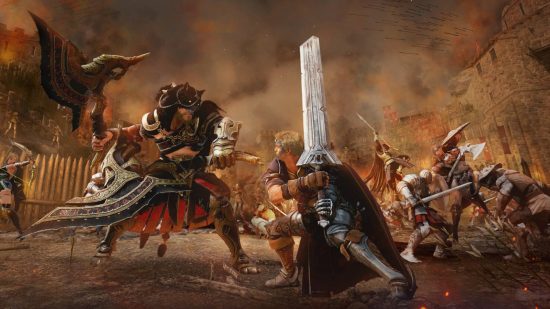 BDO codes: a warrior with a broken sword is fighting against a barbarian.