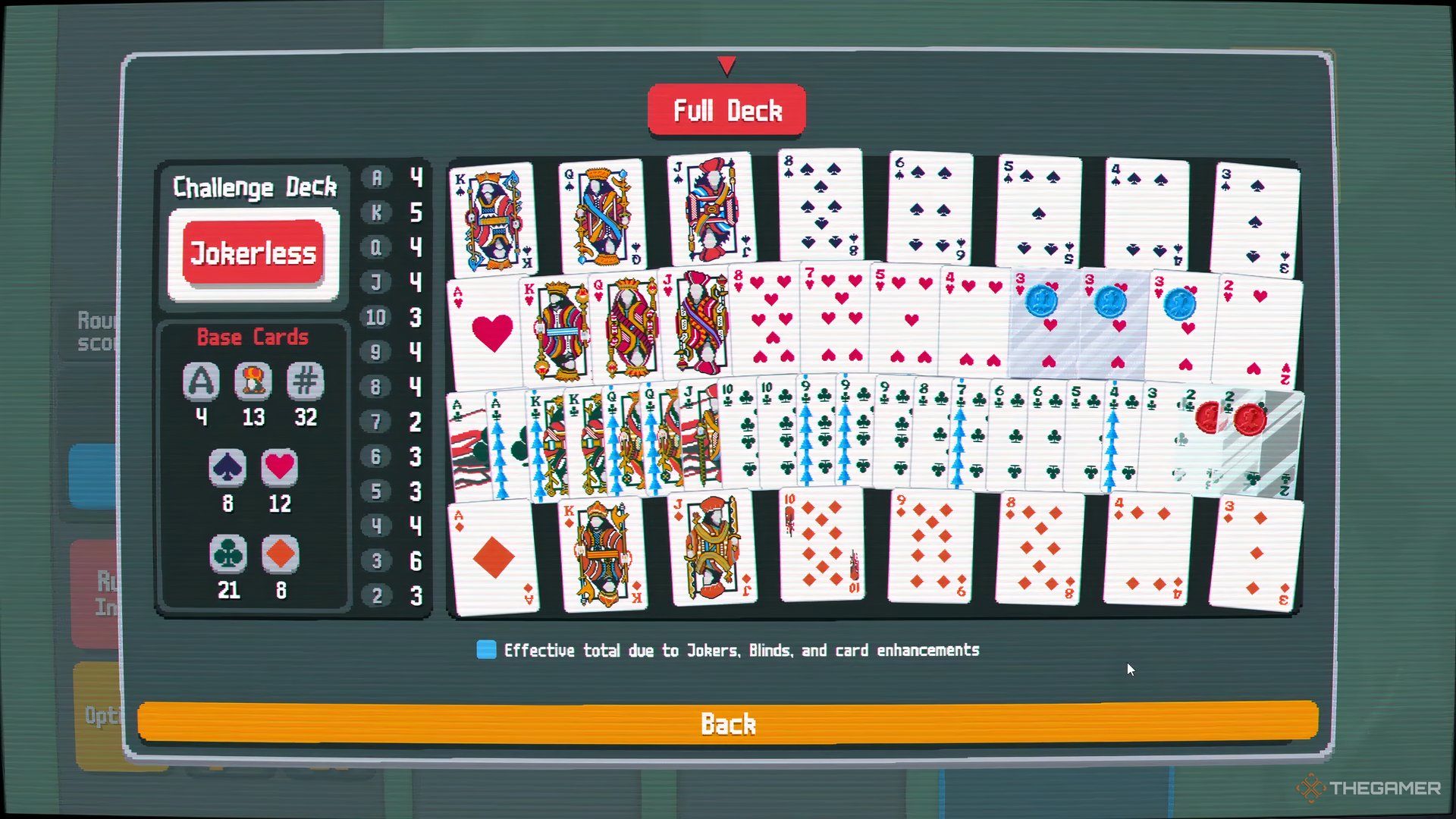 A look at the final deck of cards in the Jokerless Challenge in the deck preview menu of Balatro.