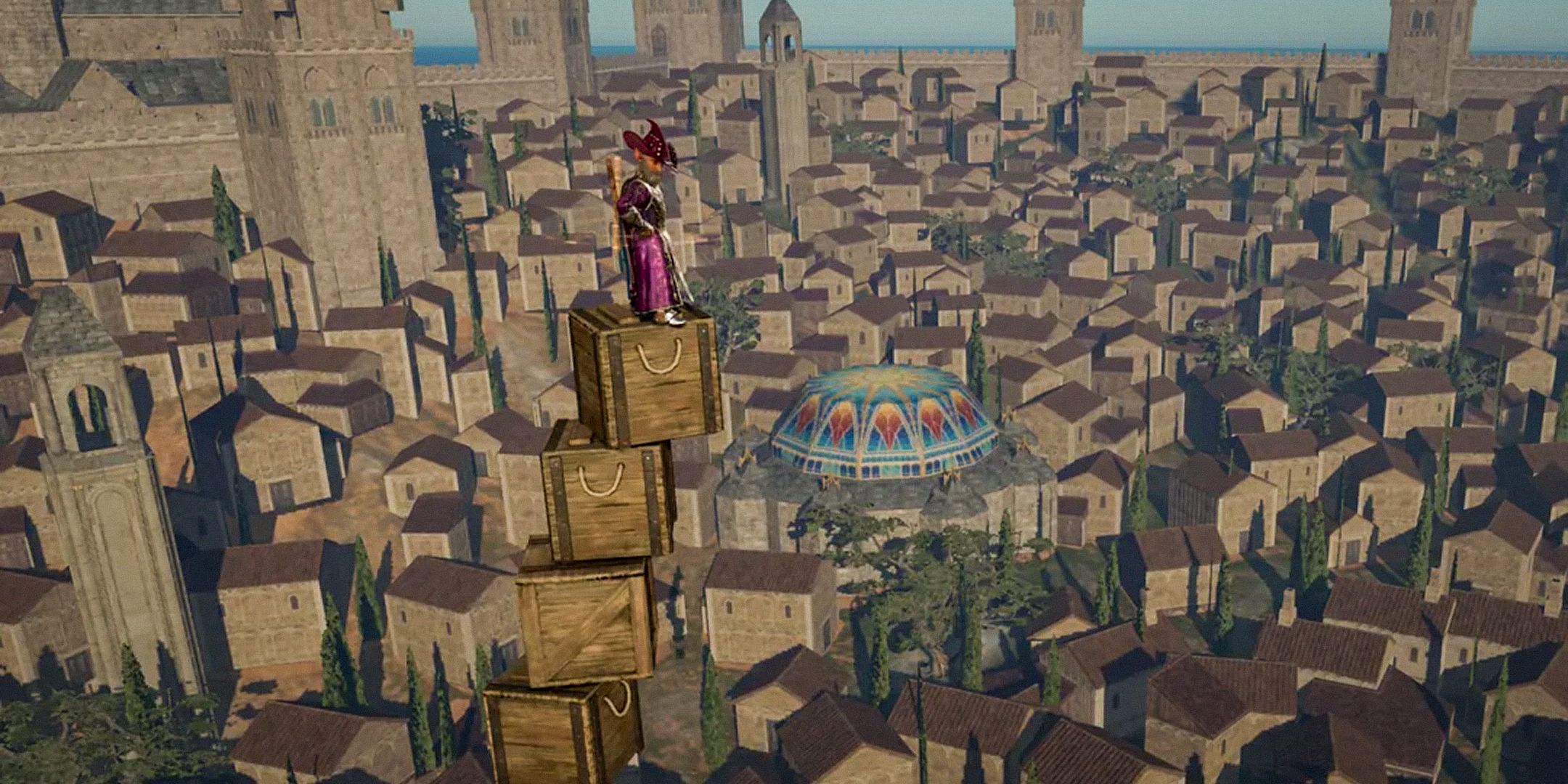 Baldurs Gate 3 player standing on top of a stack of boxes, looking over a low-poly city.