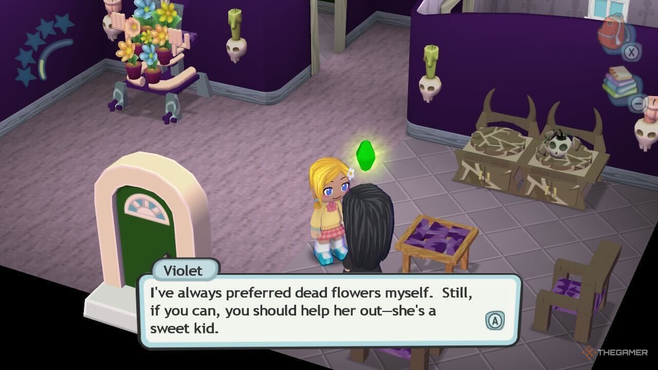 A MySims character talking to Violet.