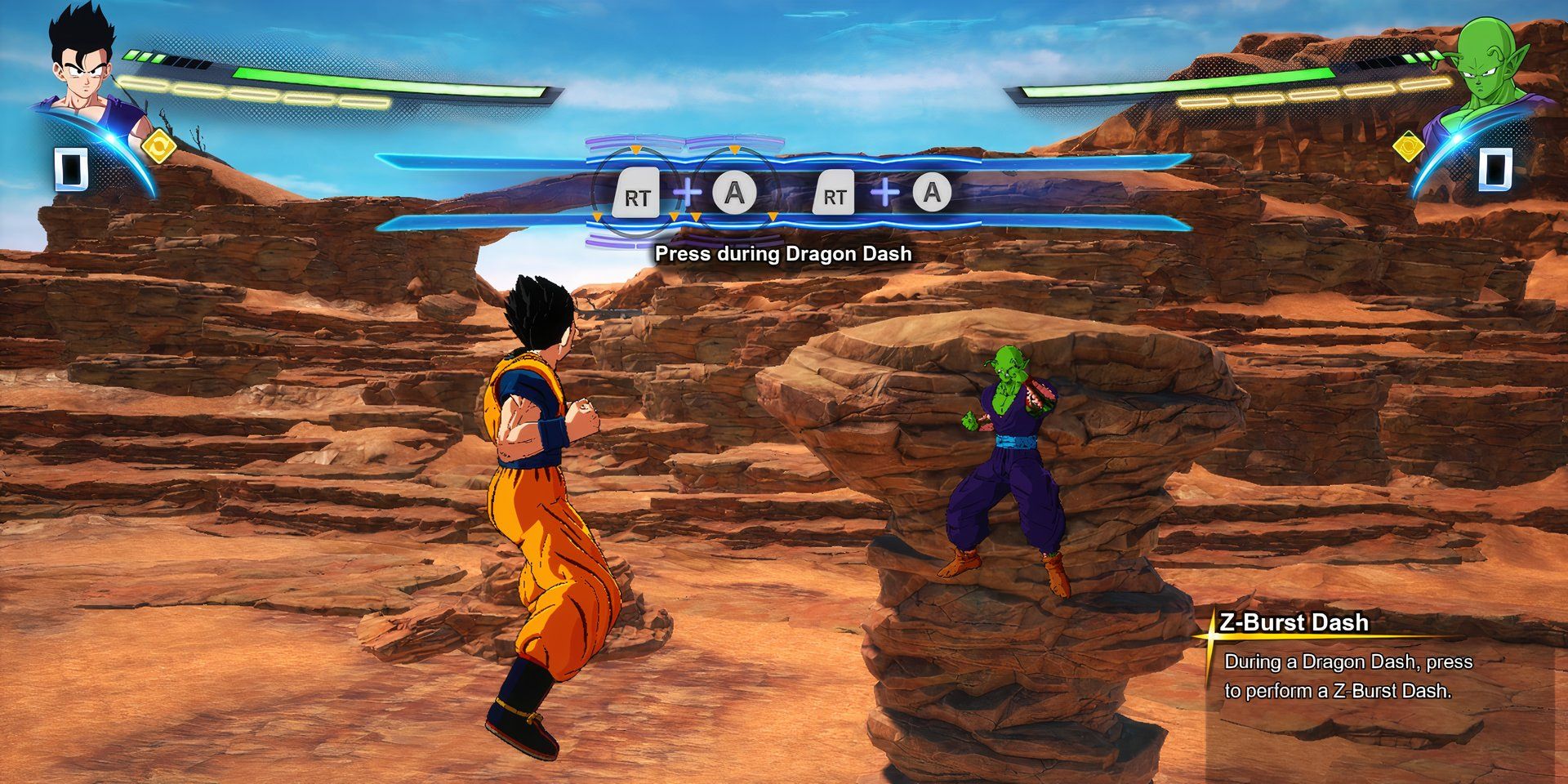 A screenshot of Dragon Ball Sparking Zero showing how to perform the Z Burst Dash