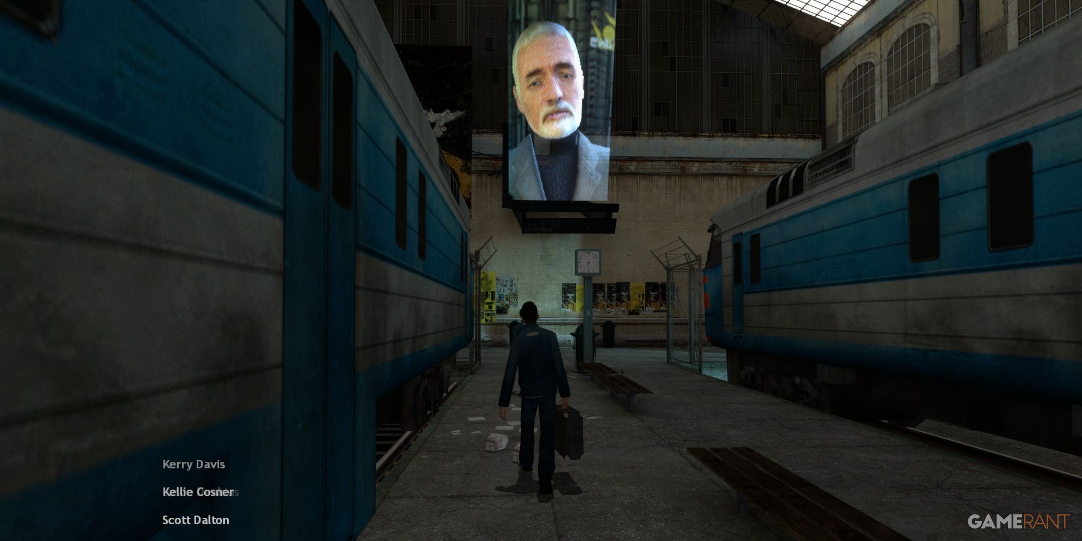 Dr. Breen face projected on a screen in a train station in Half-Life 2