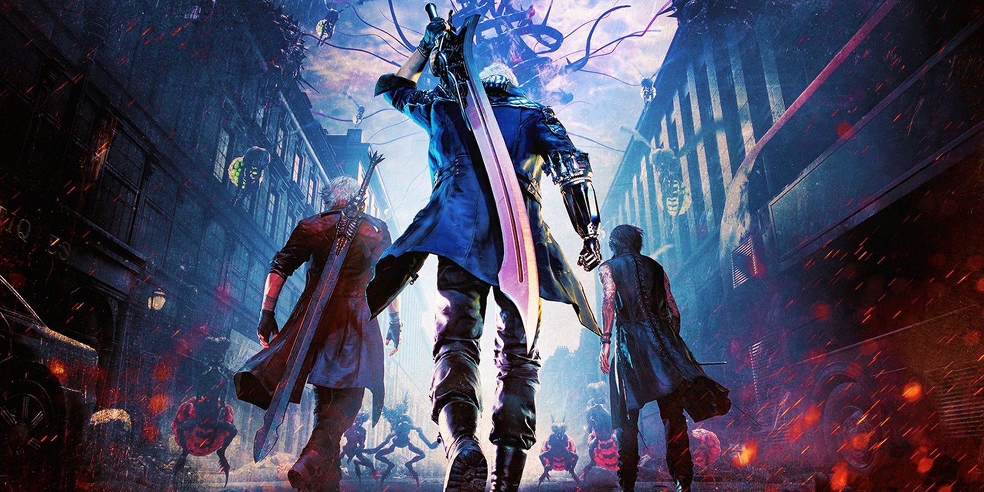 Nero, Dante and V in the promotional cover art for Devil May Cry 5.