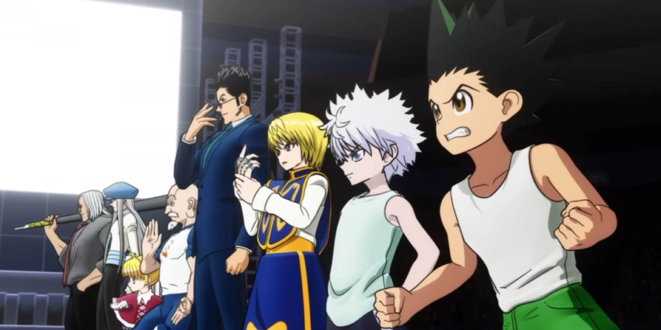 Gon, Killua, Kurapika, Leorio and other characters from Hunter x Hunter: Nen x Impact game in a serious mood