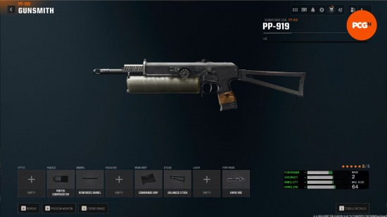 PP 919 loadout: a compact submachine gun with a list of attachments.