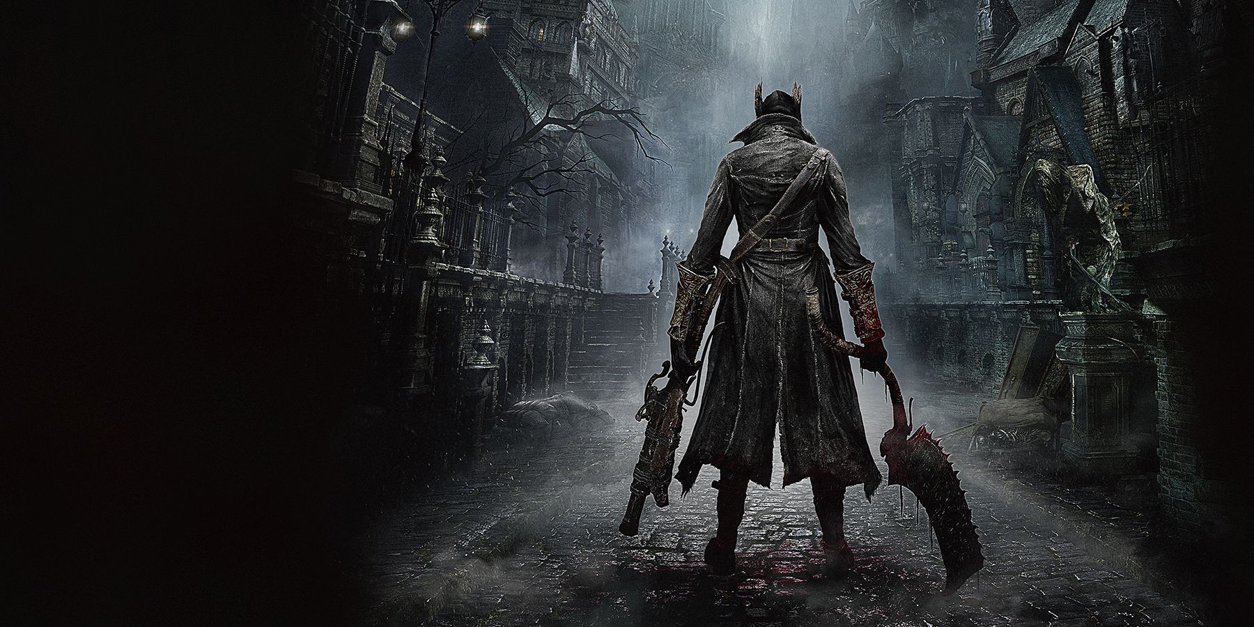 The Hunter facing down a dark corridor in Bloodborne