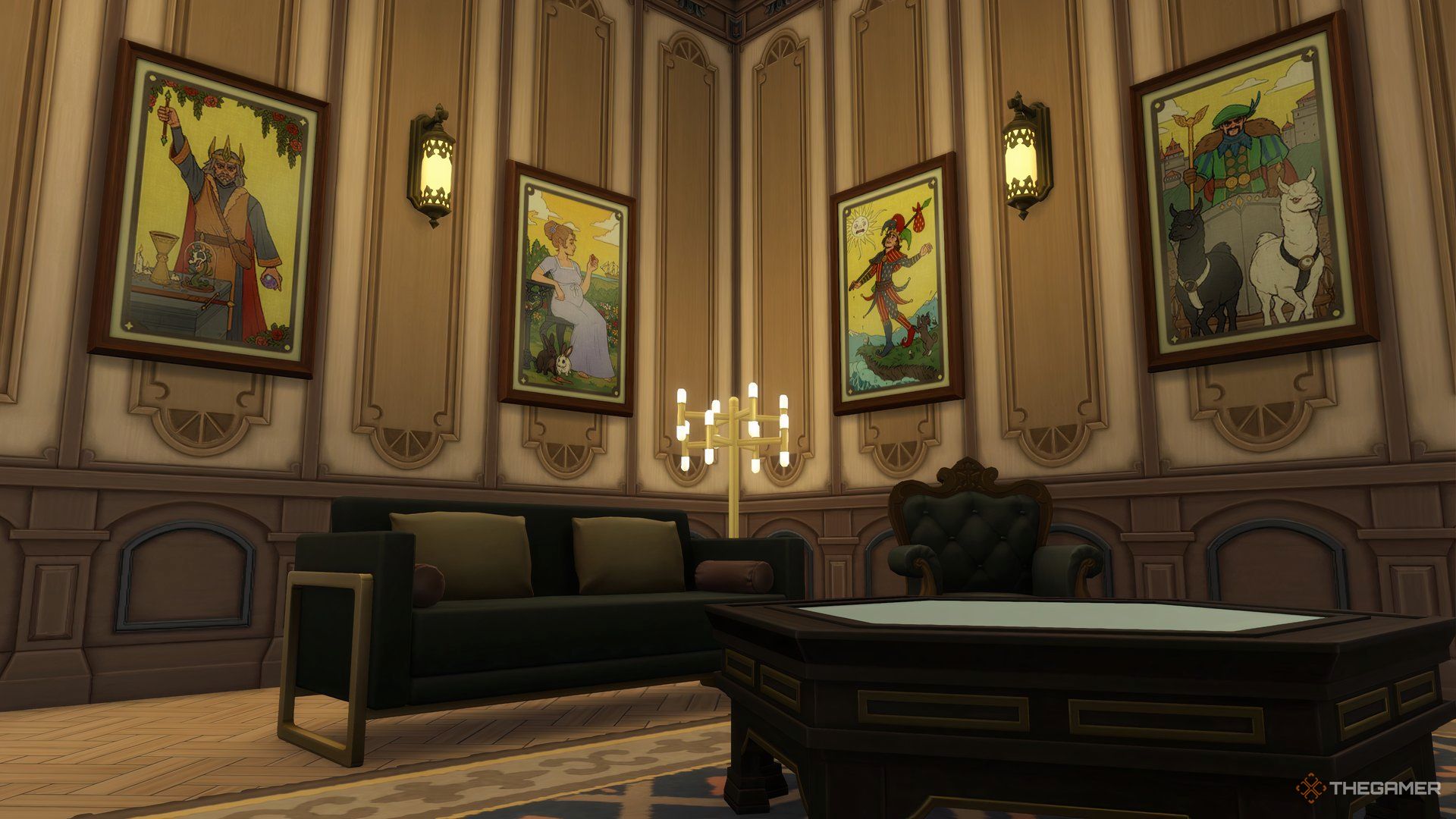 Four of the tarot card posters in The Sims 4 Life and Death with a couch, chair, lamp, and table also added in the pack.