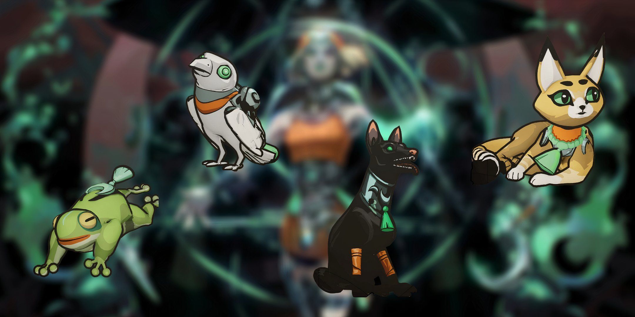 A frog, bird, dog, and cat familiar from Hades 2.