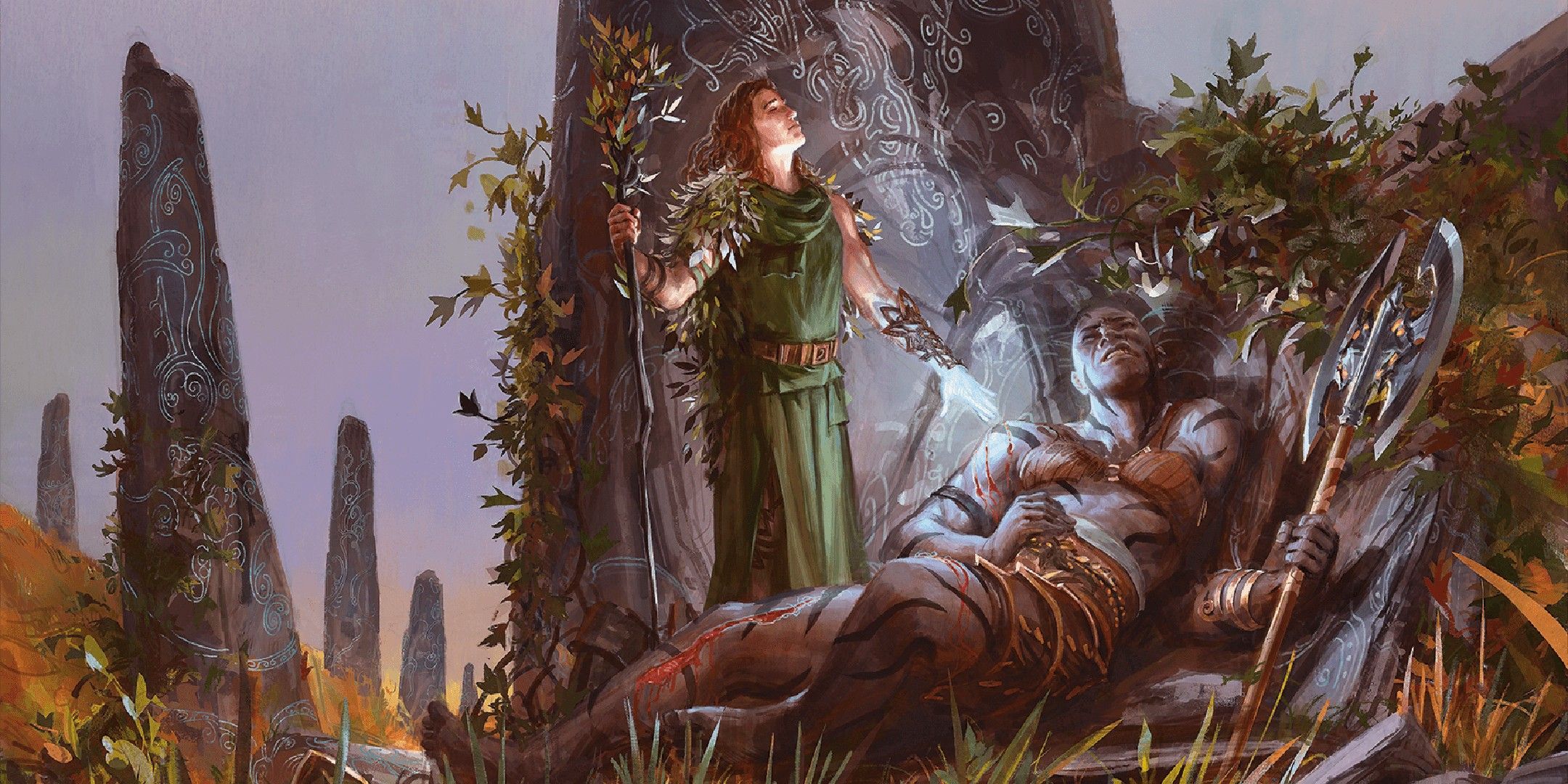 Dungeons & Dragons image showing A human Druid casting Lesser Restoration to an ally.