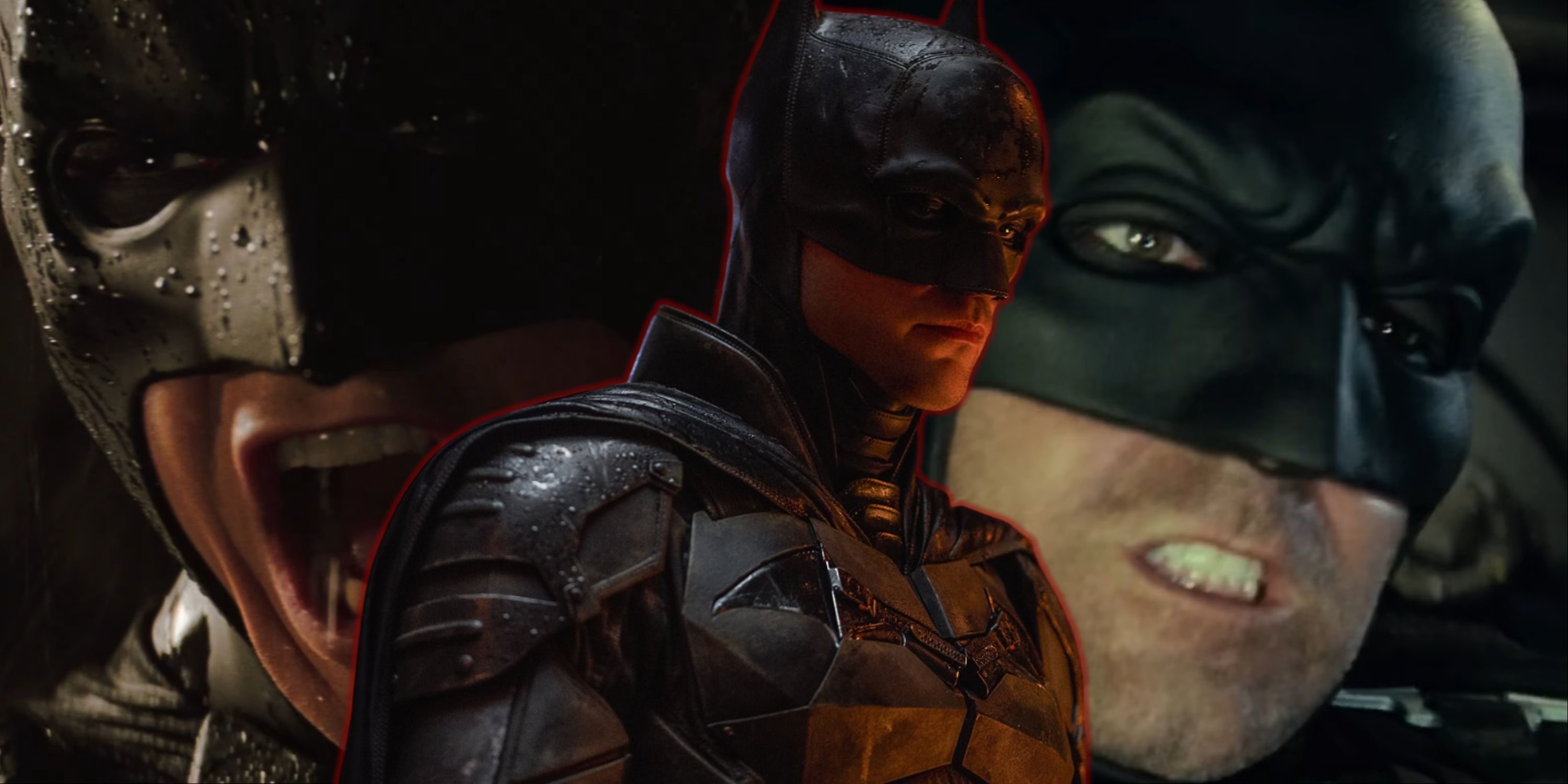 Split image of Christian Bale, Robert Pattinson, and Ben Affleck as Batman