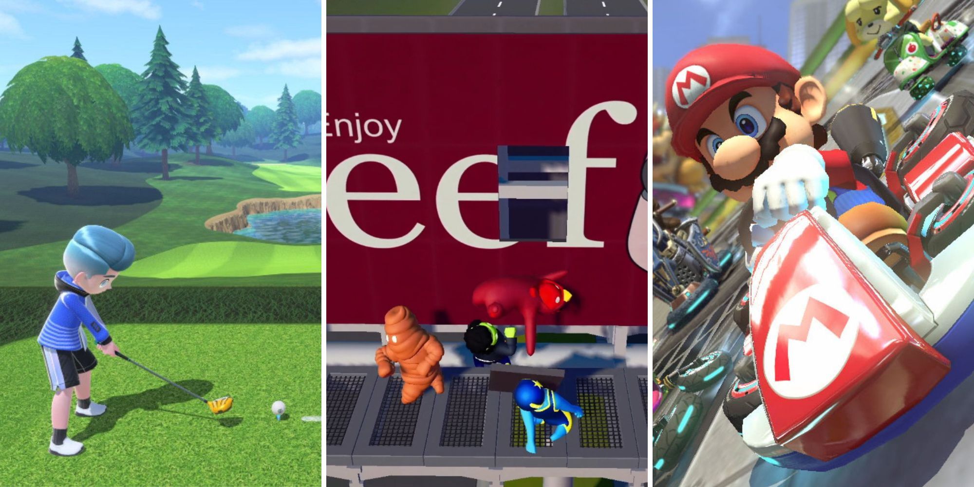 A grid showing the three Nintendo Switch Party games Nintendo Switch Sports, Gang Beasts, and Mario Kart 8