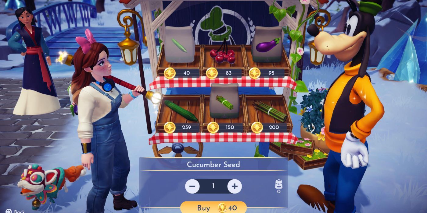 An image of Goofy's Stall selling the Cucumber Seed from Disney Dreamlight Valley