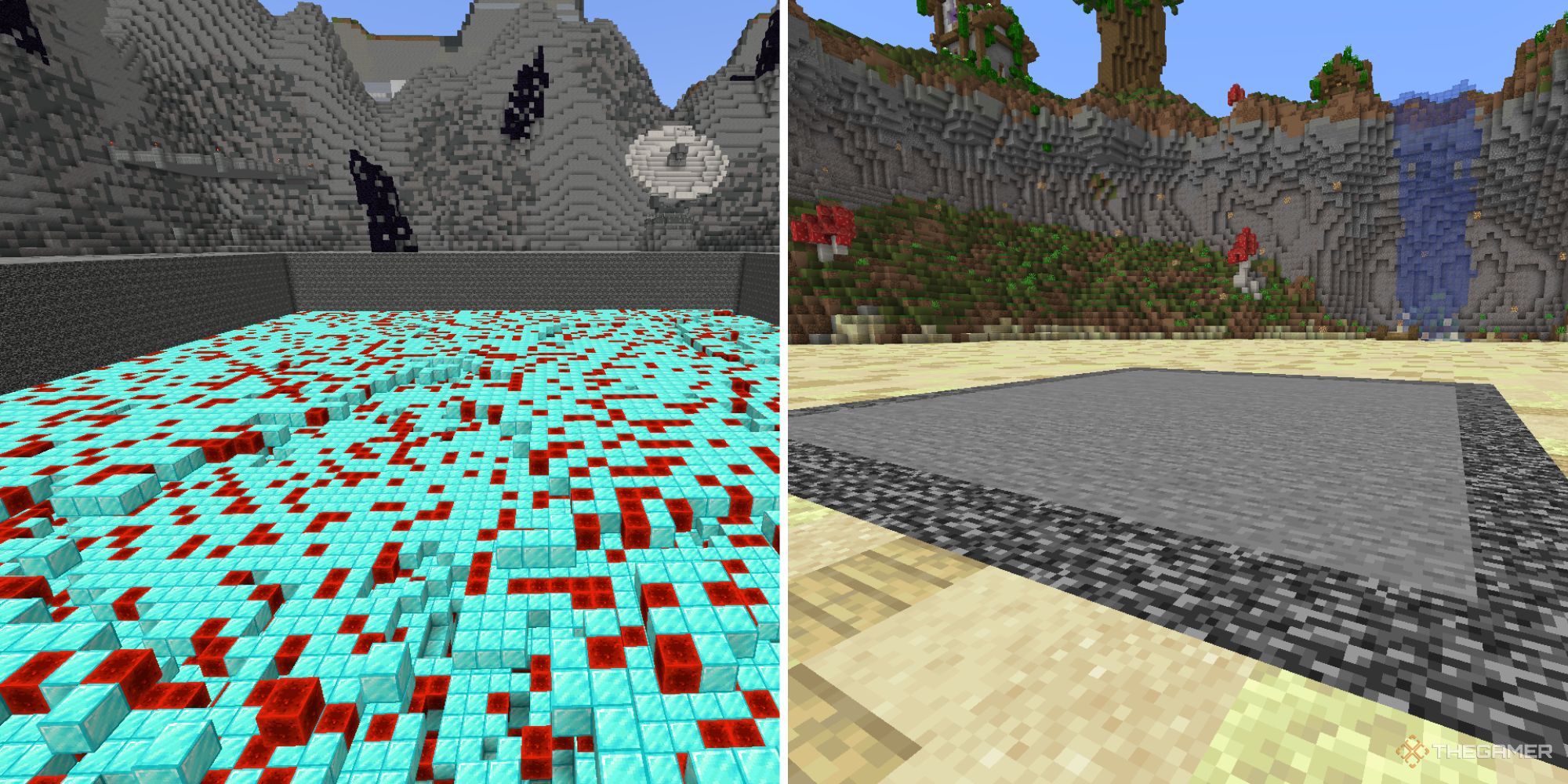 A split image showing a mine full of solid redstone and diamond blocks, and a new, small mine of just stone.