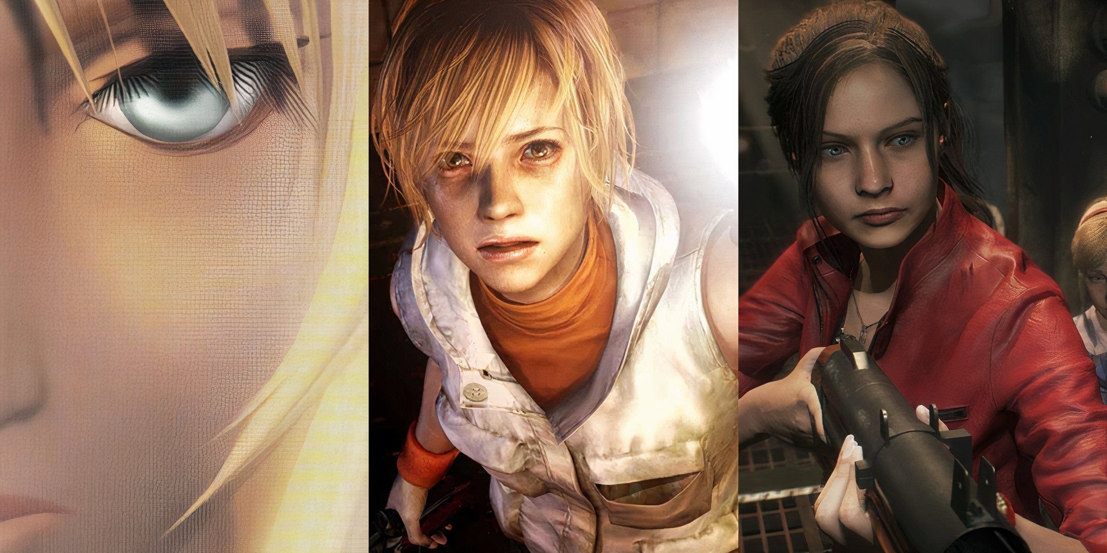 Box art to Parasite Eve 1, key art for Silent Hill 3 showing Heather, and Claire Redfield from Resident Evil 2 Remake.