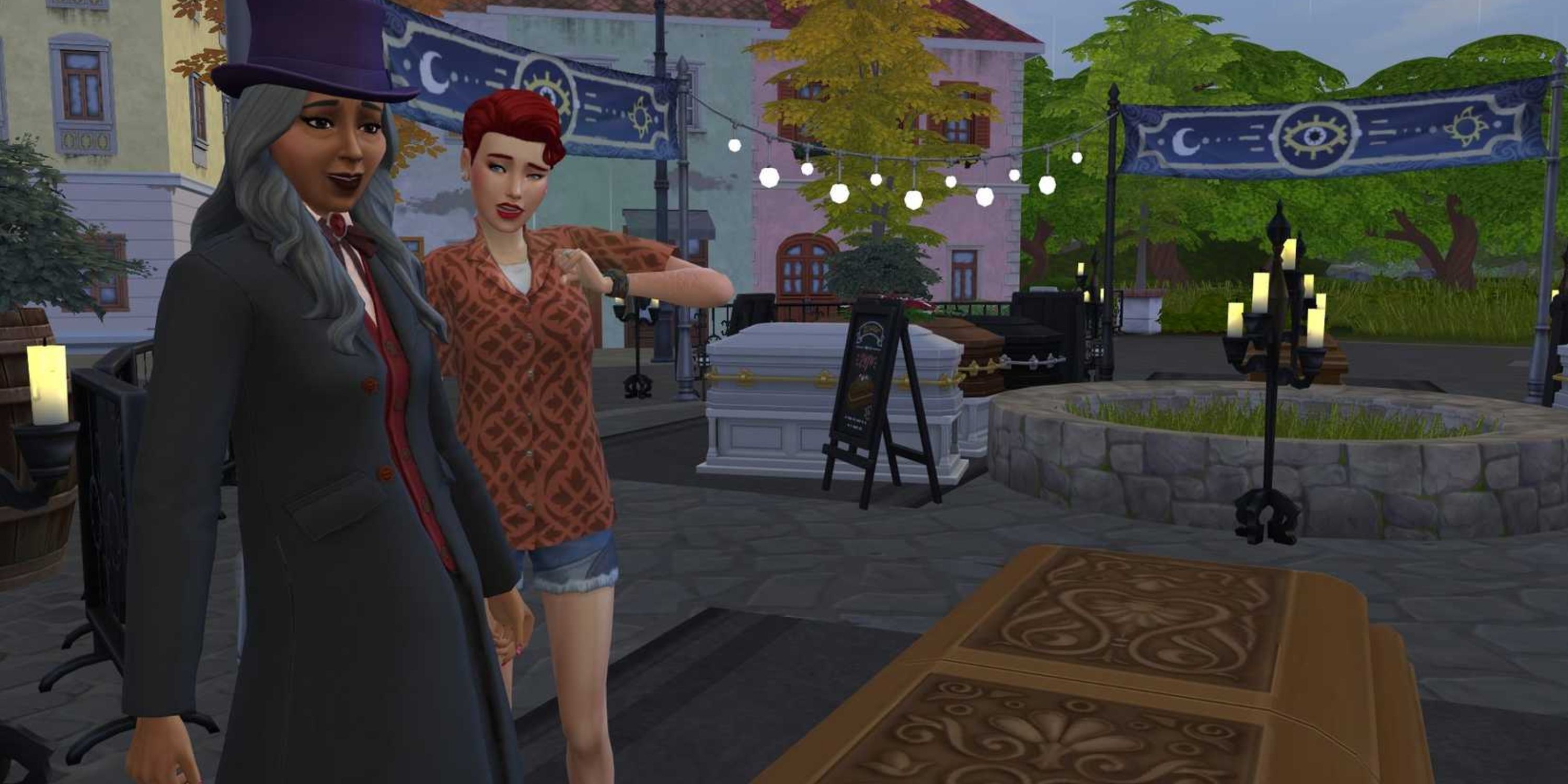 A Sim striking a deal with a mortician for a casket in the Try Before You Buy event in The Sims 4 Life and Death.