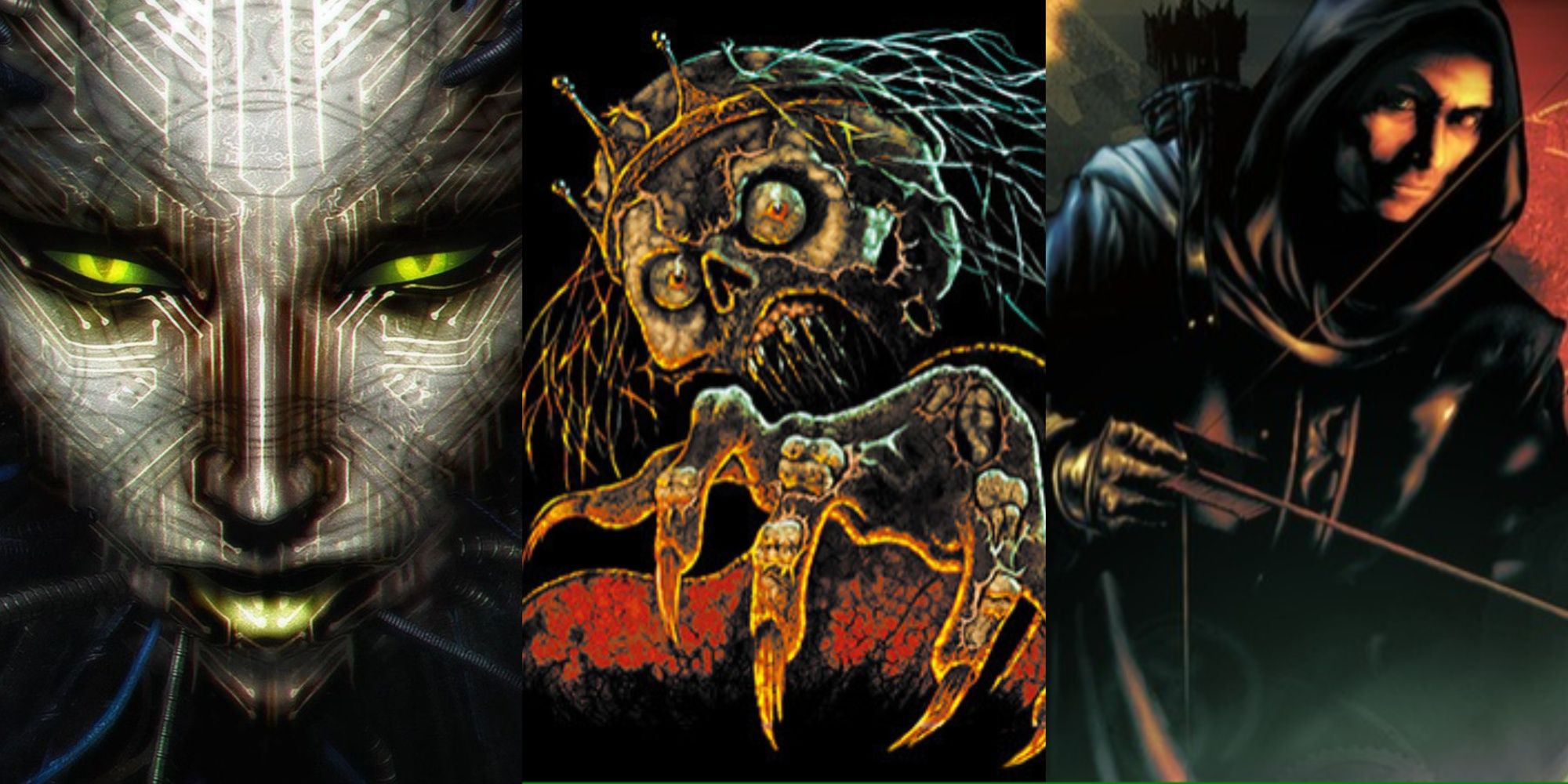 The box art to System Shock 2, Elder Scrolls Daggerfall, and Thief 2