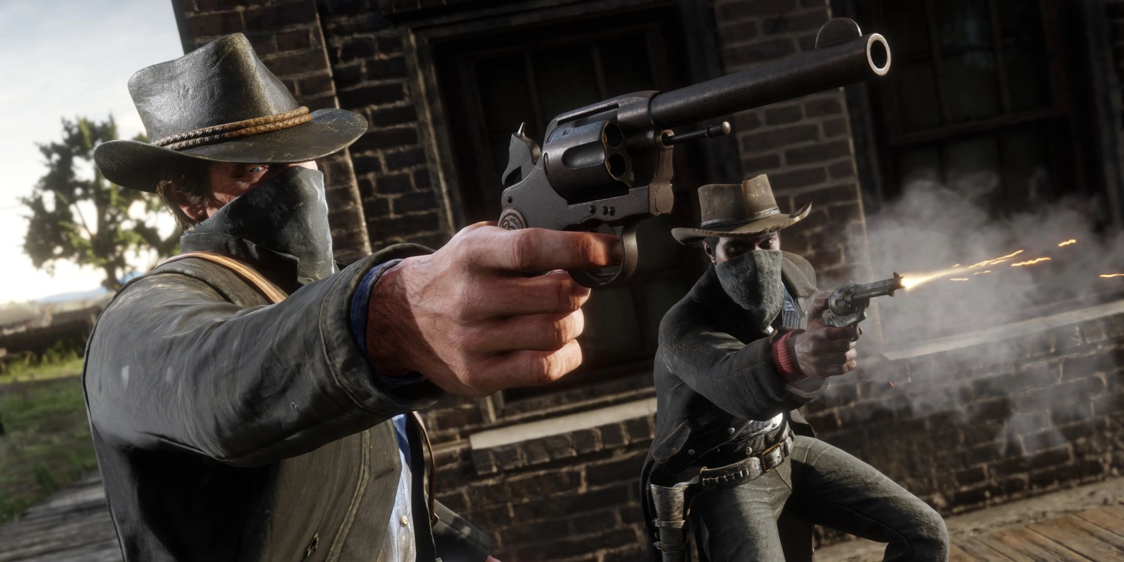 Arthur and Lenny shooting with bandanas covering their faces in Red Dead Redemption