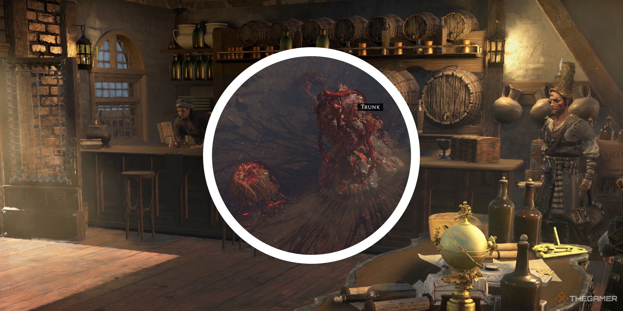 Image of Kingsmarch tavern art, with a circle PNG showing some Crimson Ore that a player is mining. 