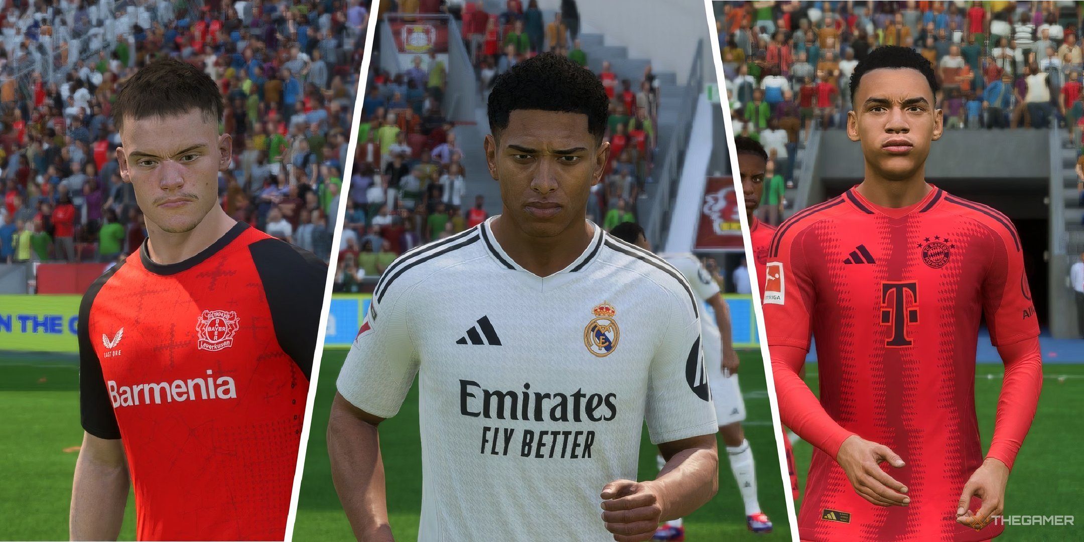 Florian Wirtz, Jude Bellingham, and Jamal Musiala in EA Sports FC 25.