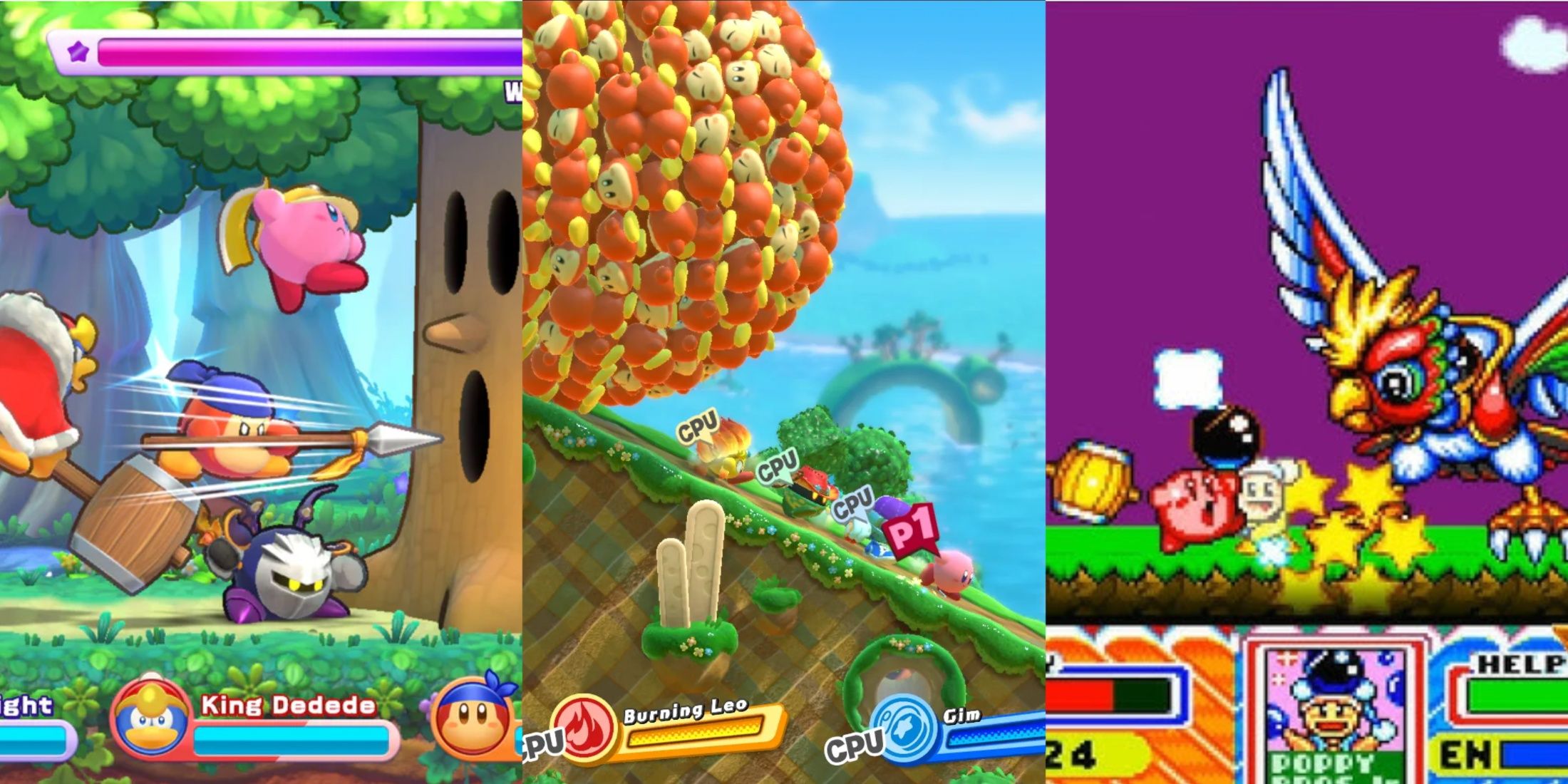 Gameplay from Kirby Return to Dream Land Deluxe, Kirby Star Allies and Kirby Super Star