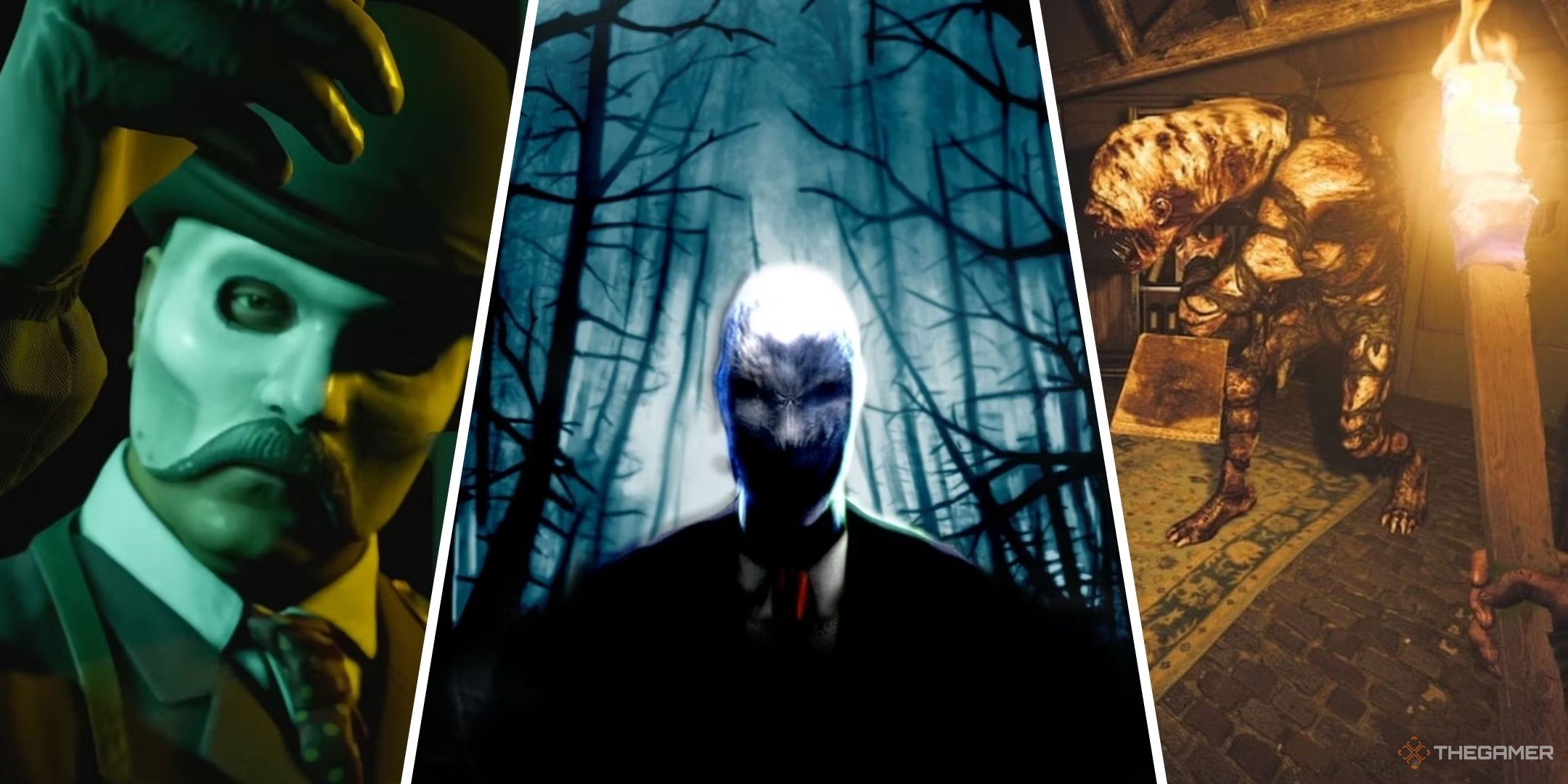 Horror Games With Just One Enemy Feature Image With Du'Met From The Devil In Me, Slenderman From Slender The Arrival, And The Beast From Amnesia The Bunker.