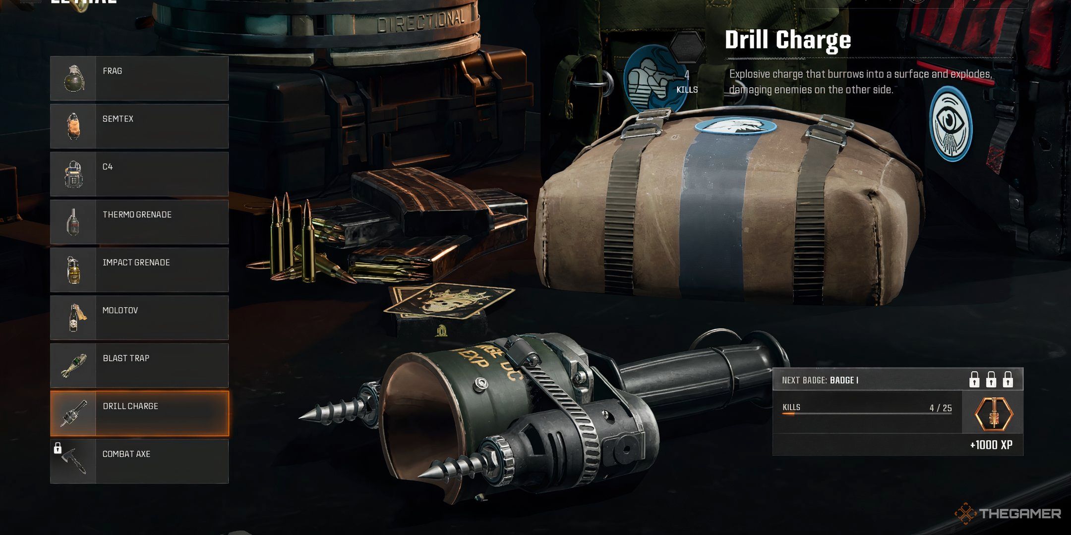 Showcasing the Drill Charge in Call of Duty Black Ops 6's Loadout Menu.