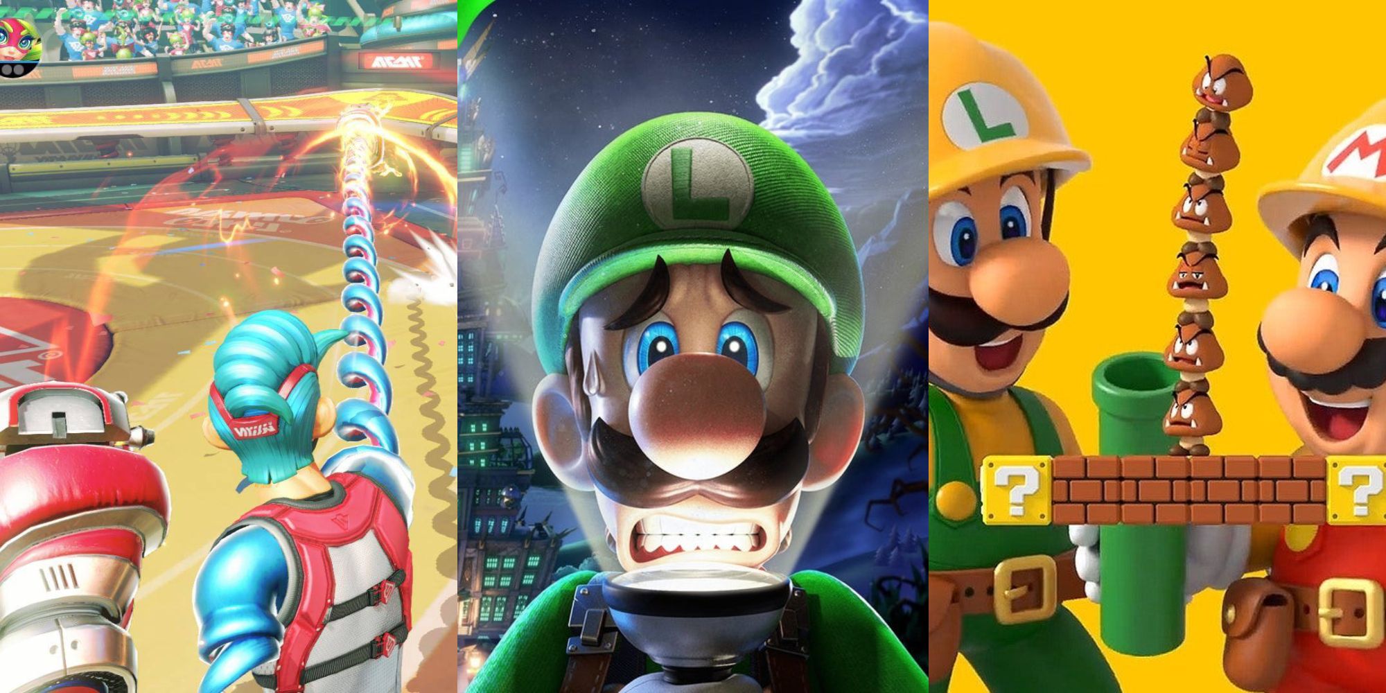 Split image featuring Arms, Luigi's Mansion 3 and Super Mario Maker 2