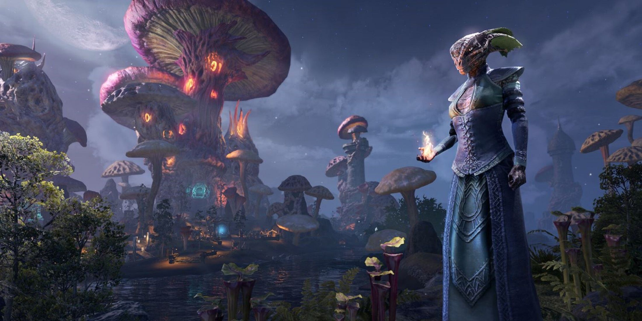  A character stands near large, glowing mushrooms in The Elder Scrolls Online