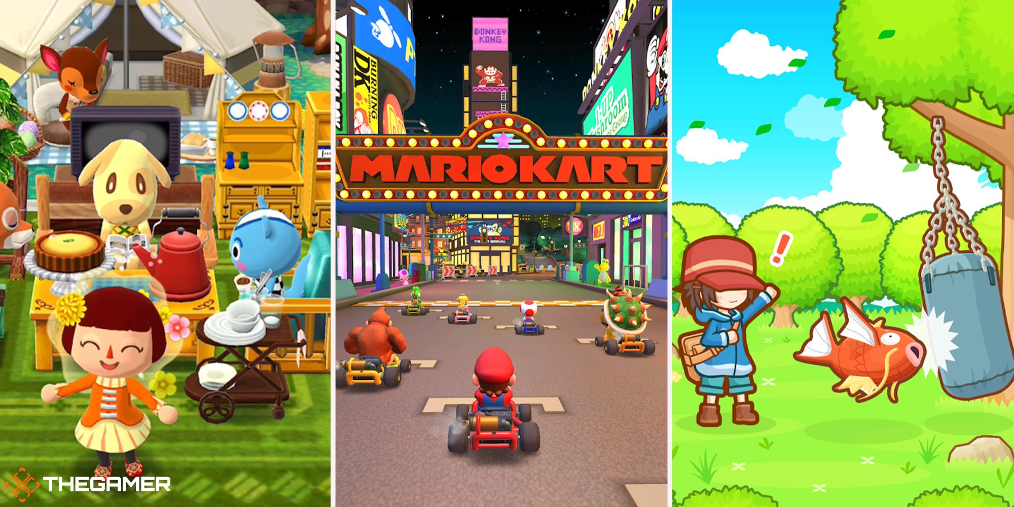 Mobile games for kids - Animal Crossing Pocket Camp, Mario Kart Tour, Pokemon Magikarp Jump (left to right)